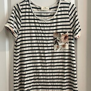 Striped Short Sleeve Tee with Floral Pocket